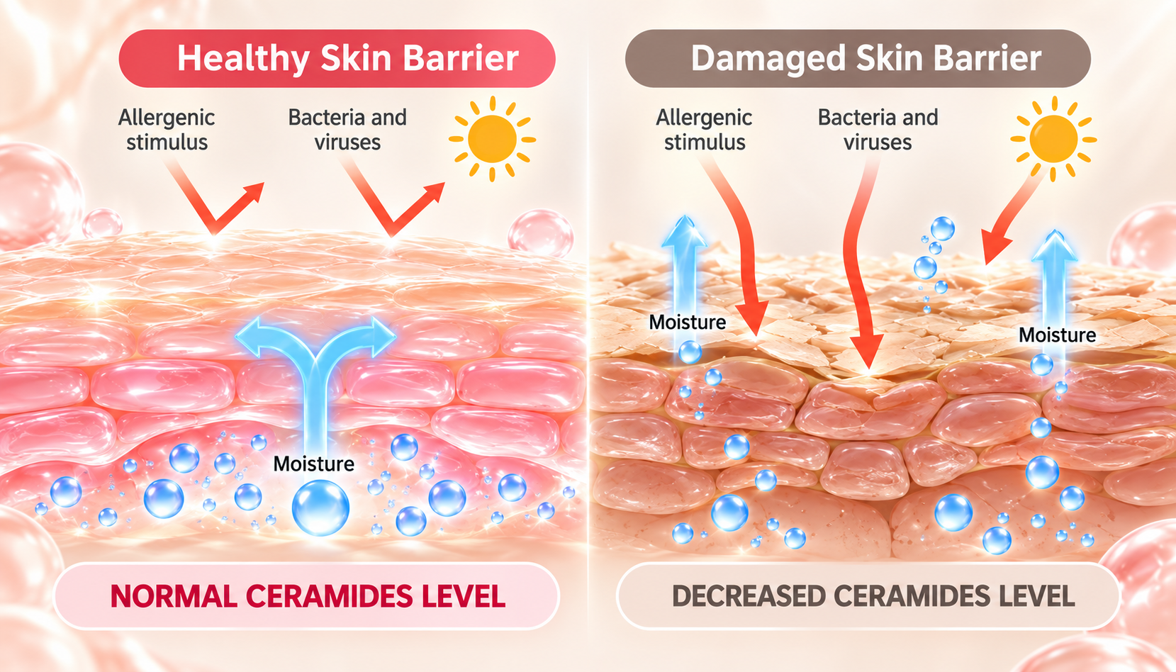 Healthy and damaged skin barriers showing moisture retention and moisture loss