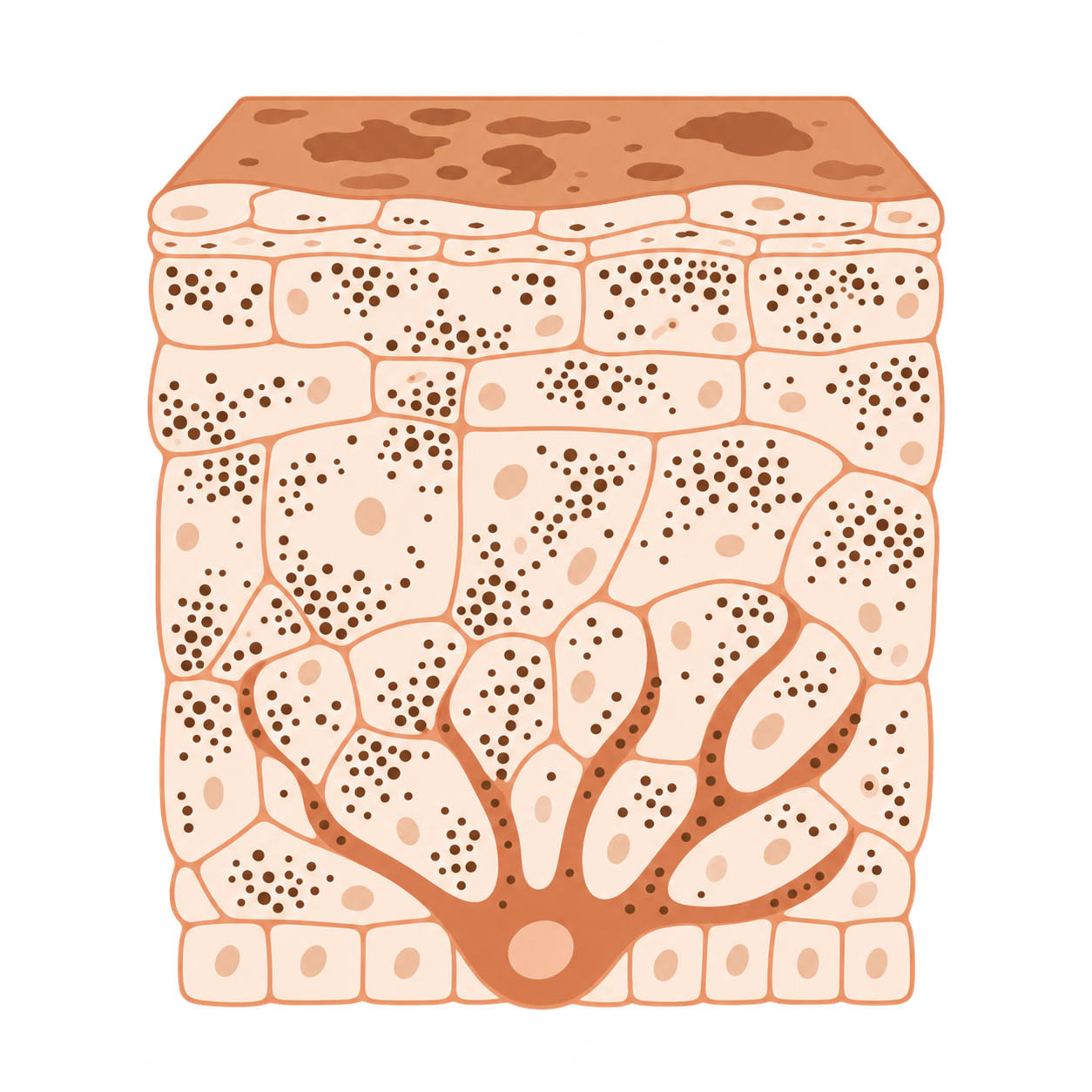 Skin cross-section showing excess pigmentation and a melanocyte